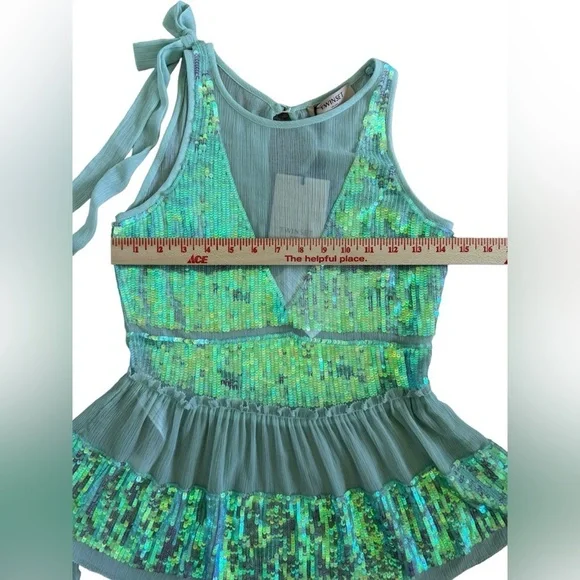 TWINSET Milano NWT Sequin Mesh Bow Tank Top Blouse Mint Green, Party, Sparkle S‍ - Picture 9 of 11